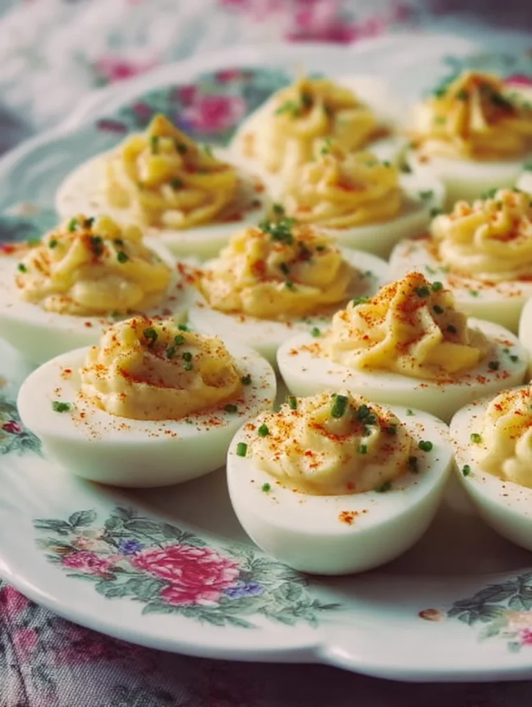 Gefüllte Eier auf einem Osterbrunch-Tisch dekoriert mit frischen Kräutern.