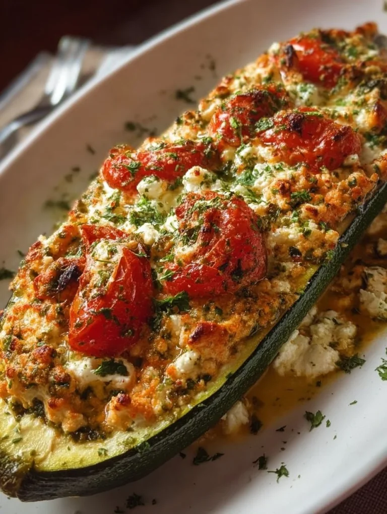 Gefüllte Zucchini mit Feta und Kirschtomaten auf einem Teller
