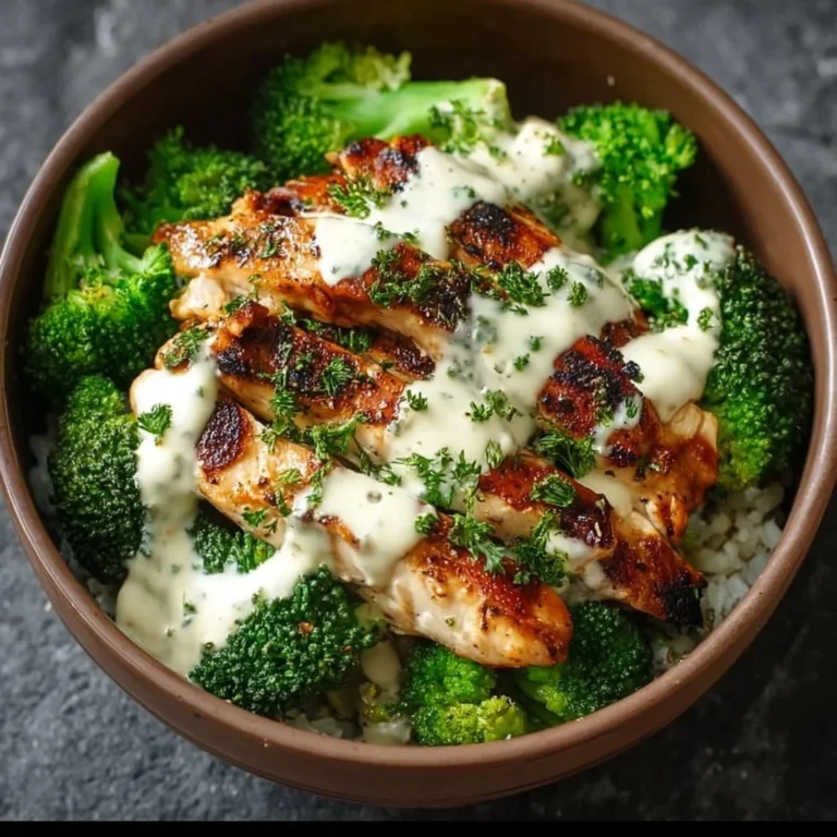 Gegrillte Hähnchen-Brokkoli-Schalen mit cremiger Knoblauchsauce auf einem Teller