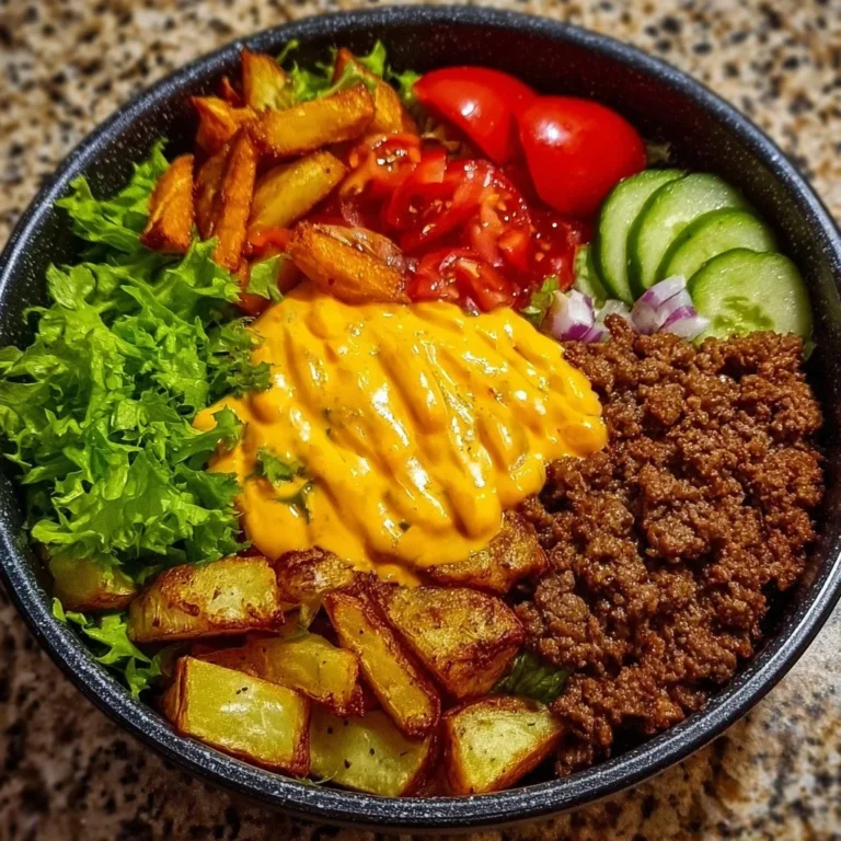 Gesunde Burger Bowl mit frischen Zutaten und proteinreichen Toppings