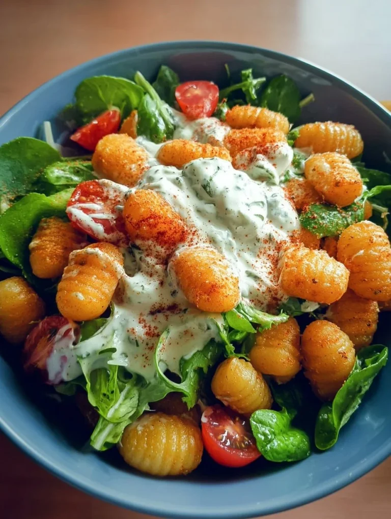 Gnocchi-Salat mit Joghurt-Dressing auf einem Teller angerichtet.