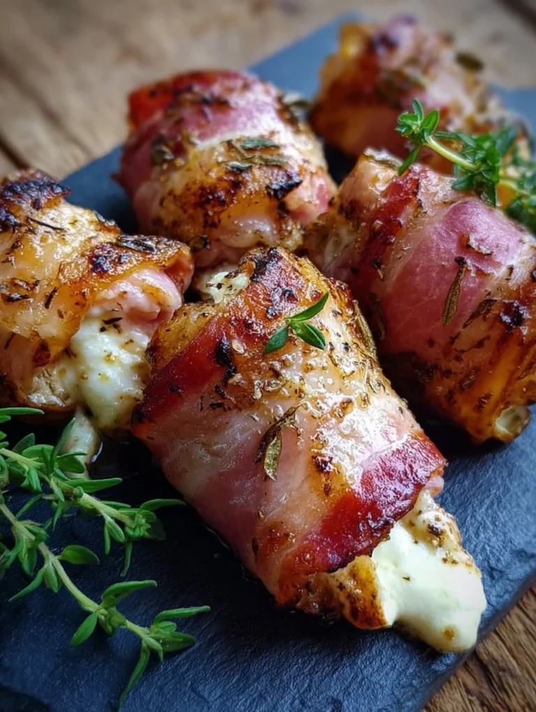 Gegrillte Feta-Ham Rolls auf einem Teller serviert.