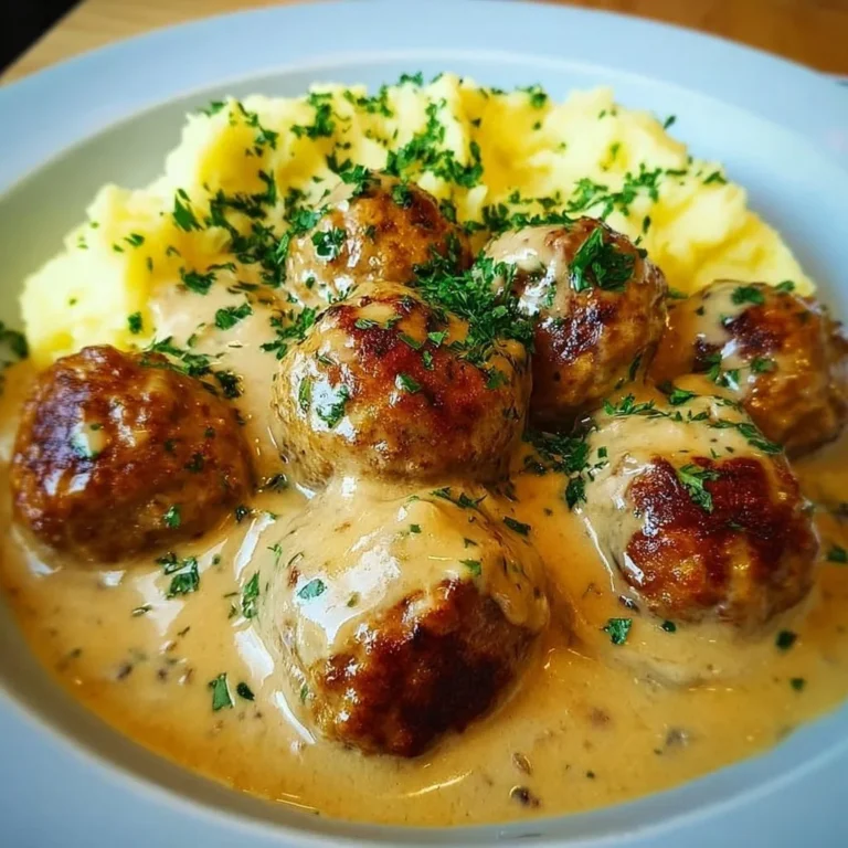 Hackbällchen in cremiger Sauce serviert mit Kartoffelpüree