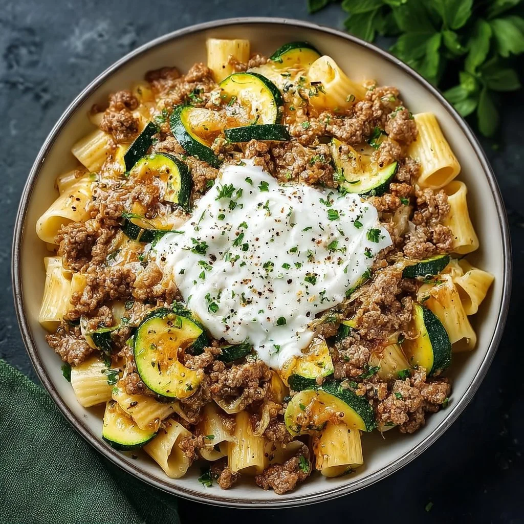 Hackfleisch-Pasta mit Zucchini & Joghurt