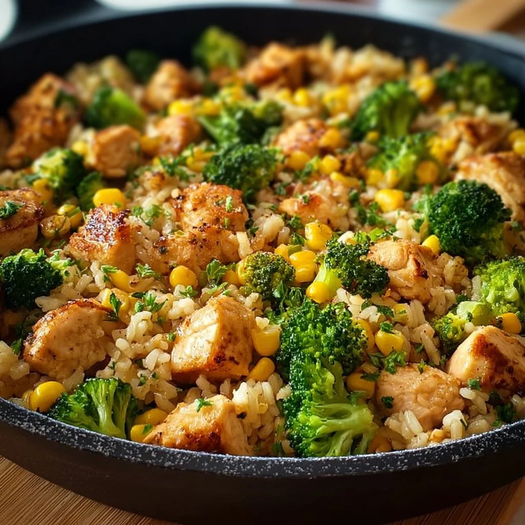 Hähnchen-Reis-Pfanne mit Brokkoli und Mais