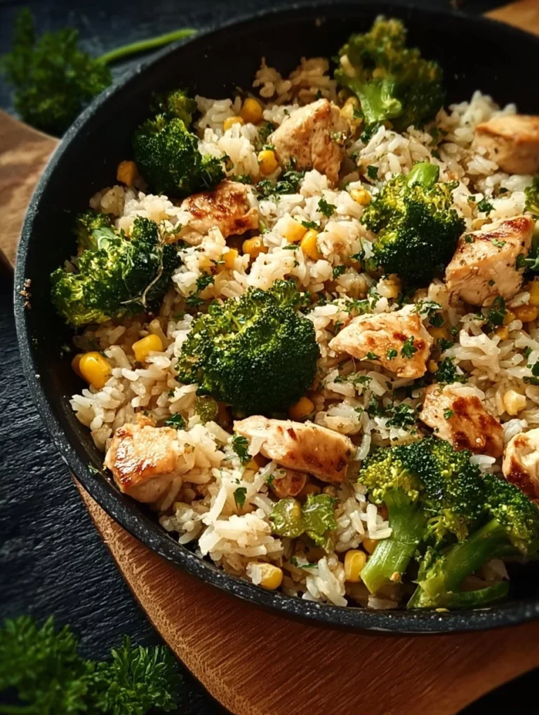 Hähnchen-Reis-Pfanne mit Brokkoli und Mais auf einem Teller