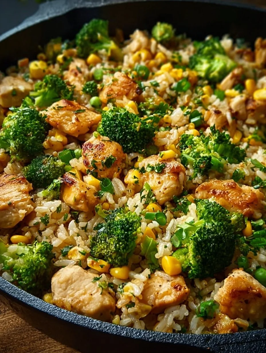 Hähnchen-Reis-Pfanne mit Brokkoli und Mais