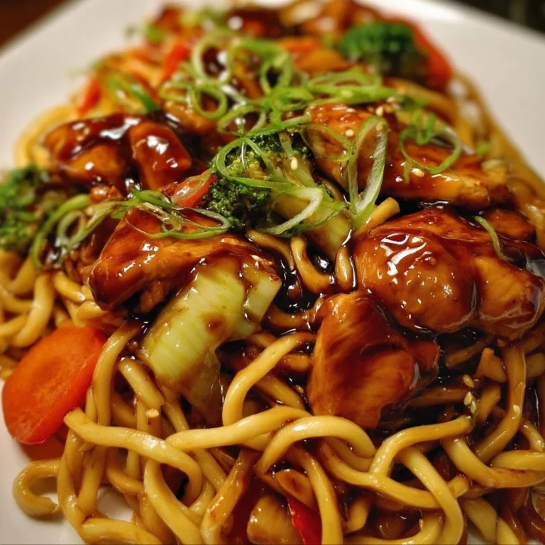 Schüssel mit Hähnchen Teriyaki Nudeln, garniert mit Frühlingszwiebeln.