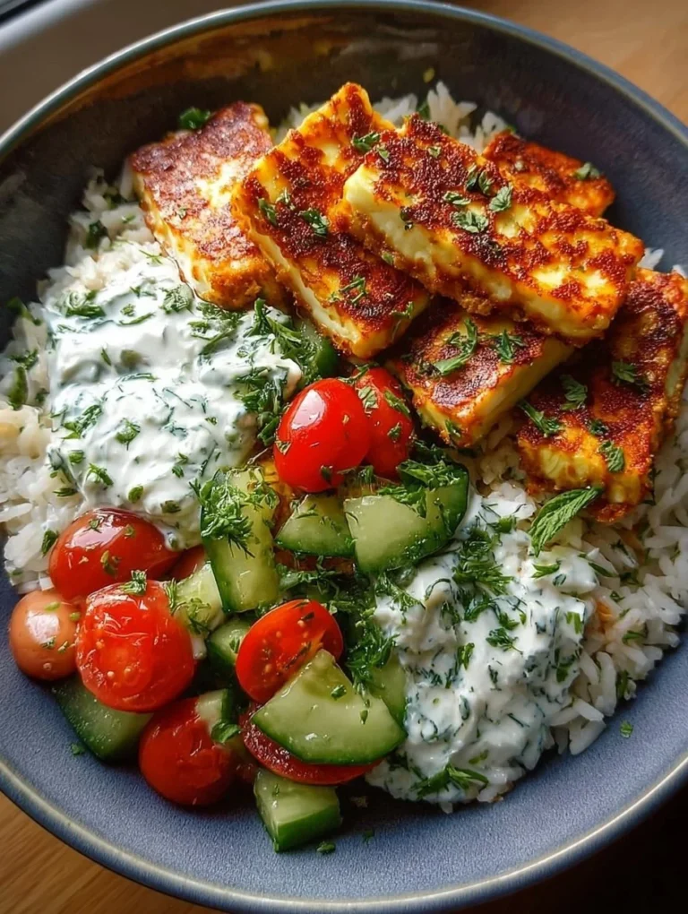 Leckere Halloumi Schüssel mit frischem Gemüse und aromatischen Gewürzen.
