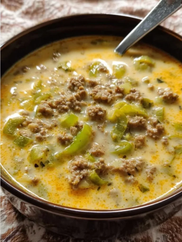 Käse-Lauch-Partysuppe mit Hackfleisch in einer Schüssel serviert