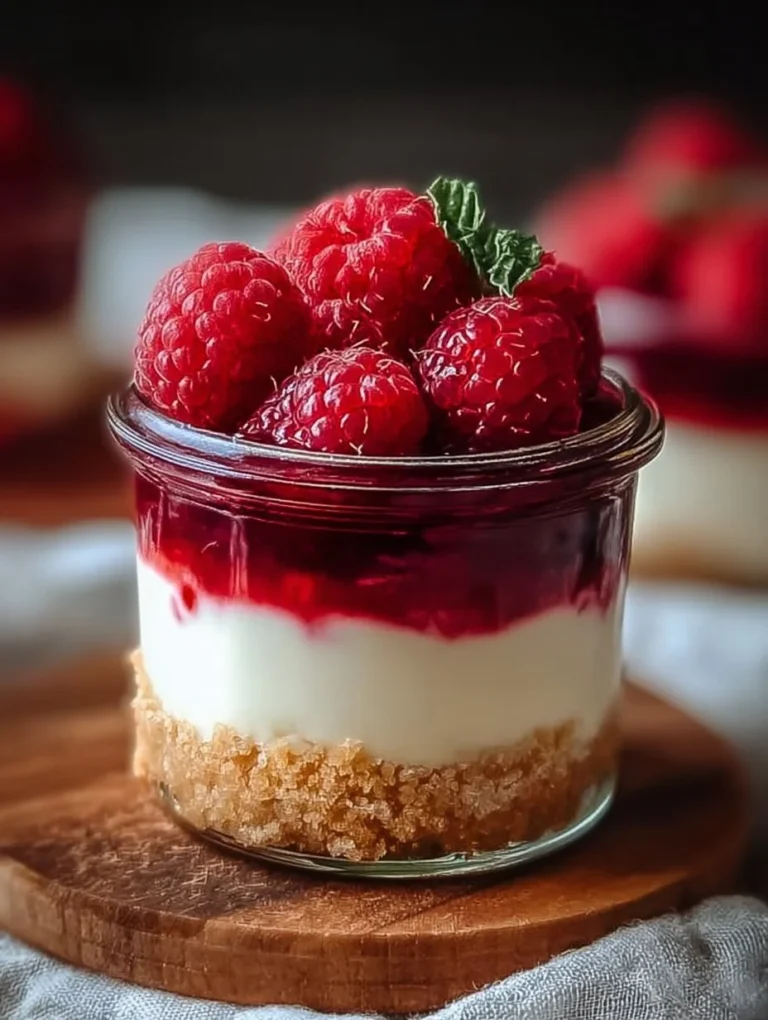 Käsekuchen im Glas mit frischen Himbeeren garniert und serviert.