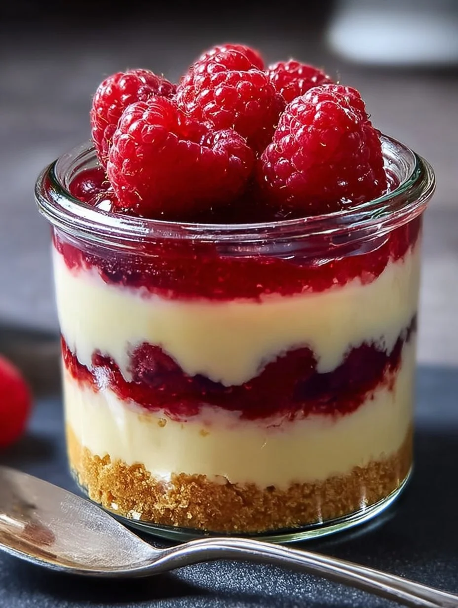 Käsekuchen im Glas mit Himbeeren