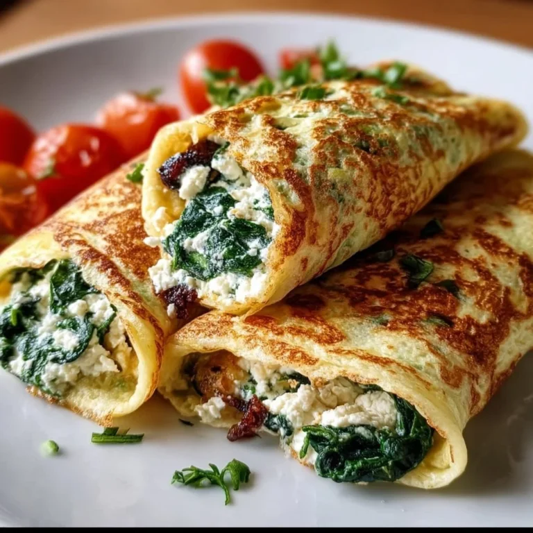 Keto-Pfannkuchen-Wraps gefüllt mit Spinat und Feta auf einem Teller