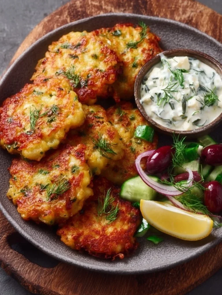 Knusprige Kartoffel Feta Puffer auf einem Teller serviert