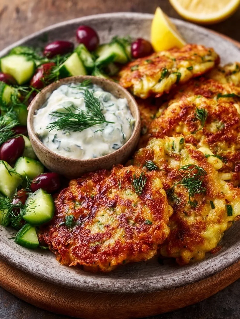 Knusprige Kartoffel-Feta-Puffer mit Joghurt-Gurken-Sauce
