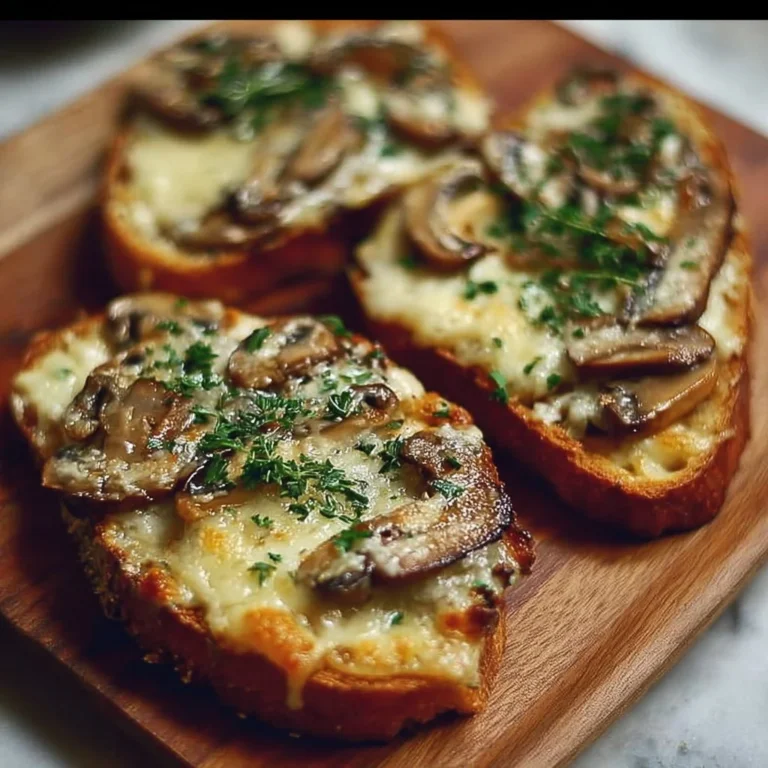 Knusprige Käse Champignon Knoblauch Toasts auf einem Holzbrett serviert