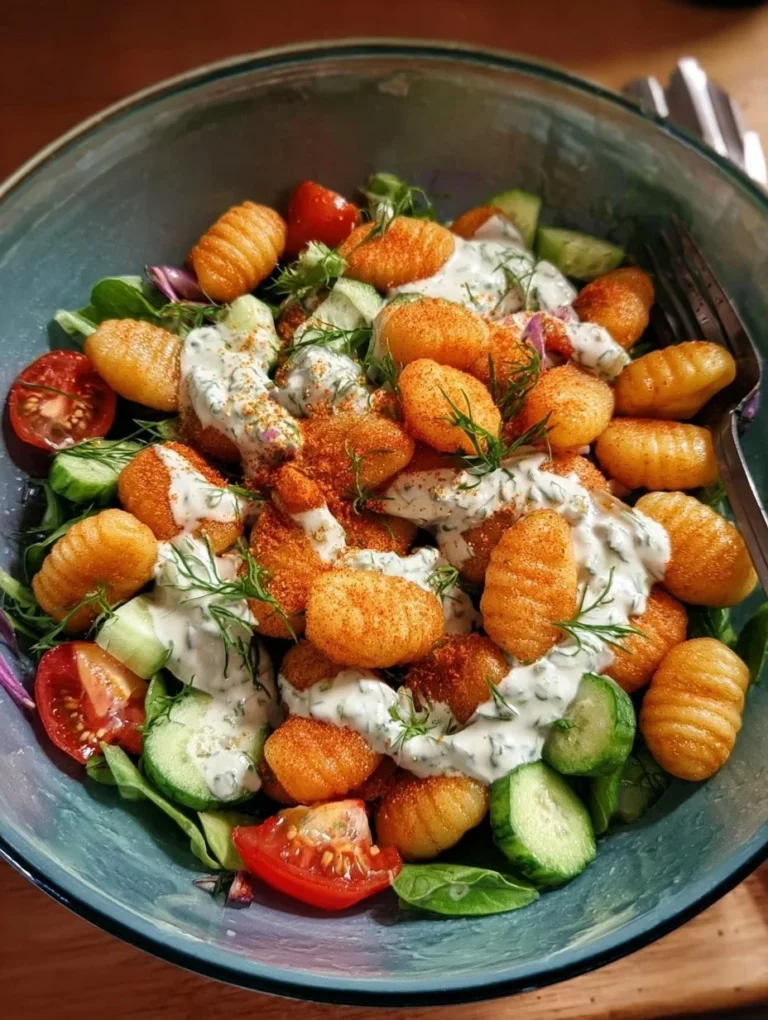 Knuspriger Gnocchi-Salat mit Joghurt-Dressing in einer bunten Schüssel.