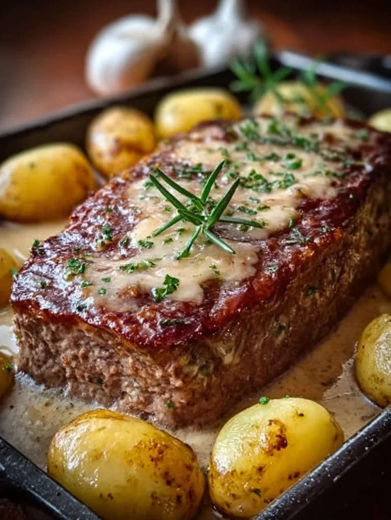 Köstlicher Hackbraten frisch aus dem Ofen, serviert auf einem Holzbrett.