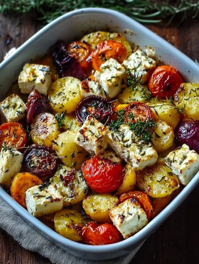 Köstliches Feta Kartoffeln Ofengemüse aus dem Ofen mit frischem Gemüse