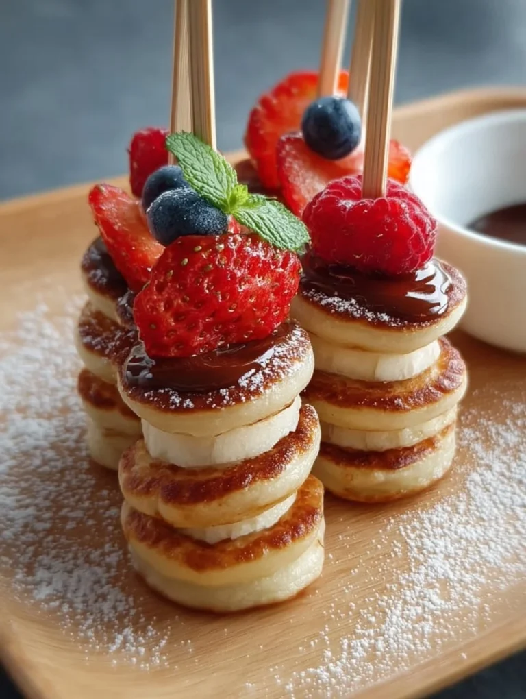 Mini-Pancake-Spieße mit frischen Früchten und Schokolade, ideal für Partys