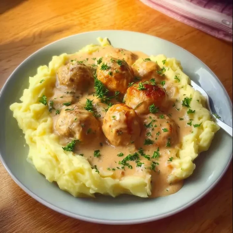 Niedrige Histamin Fleischbällchen in cremiger Sauce mit Kartoffelpüree serviert