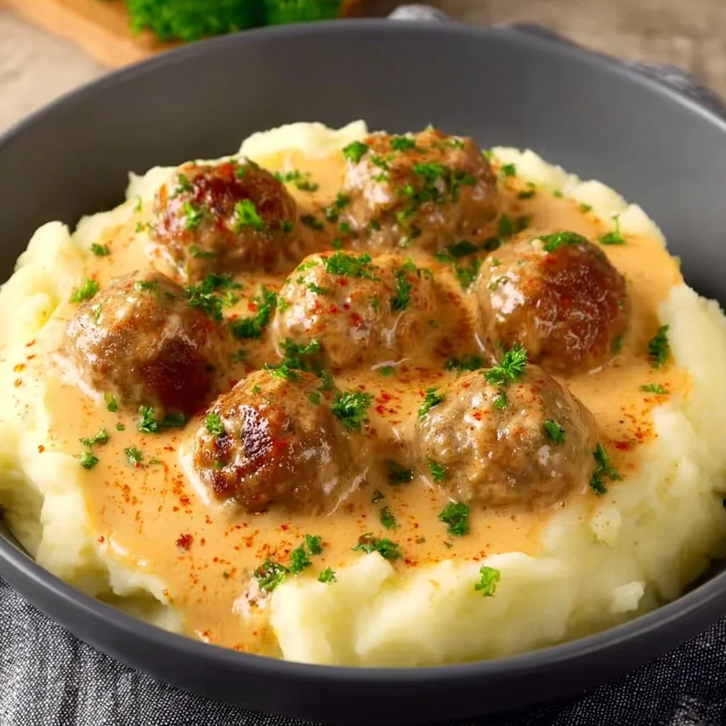 Niedriger Histamin Fleischbällchen in cremiger Sauce mit Kartoffelpüree