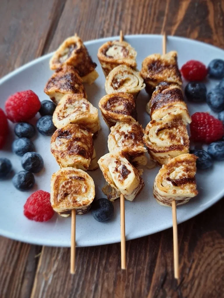 Fähren Sie leckere Pfannkuchen-Spieße auf einem weißen Teller an.
