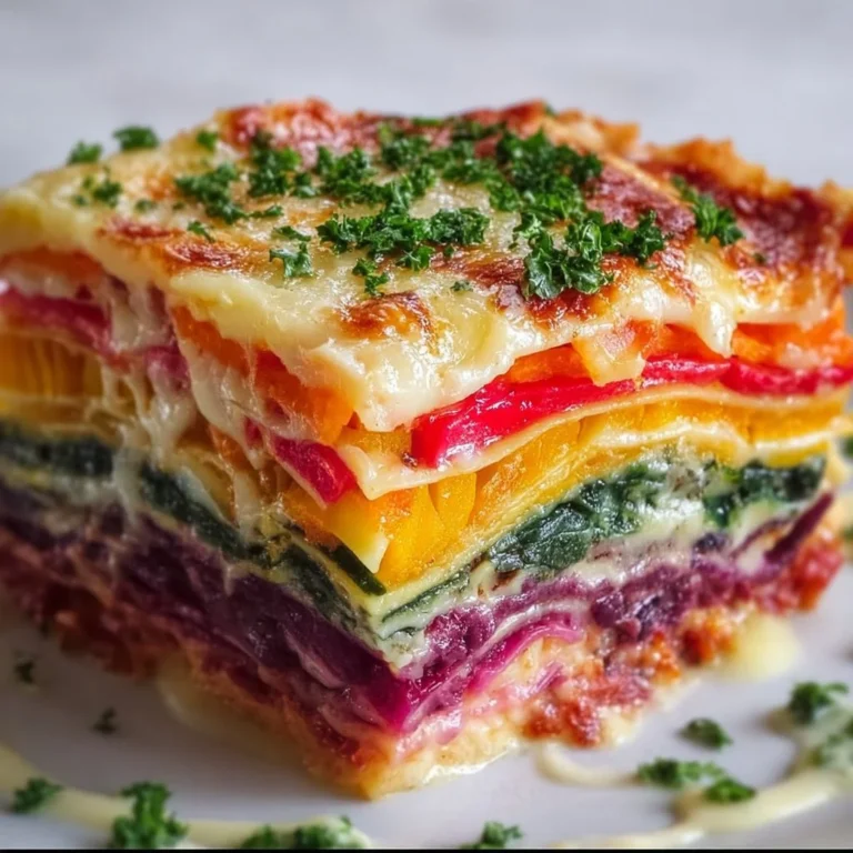 Bunte Regenbogenlasagne mit verschiedenen Gemüsesorten und Käse
