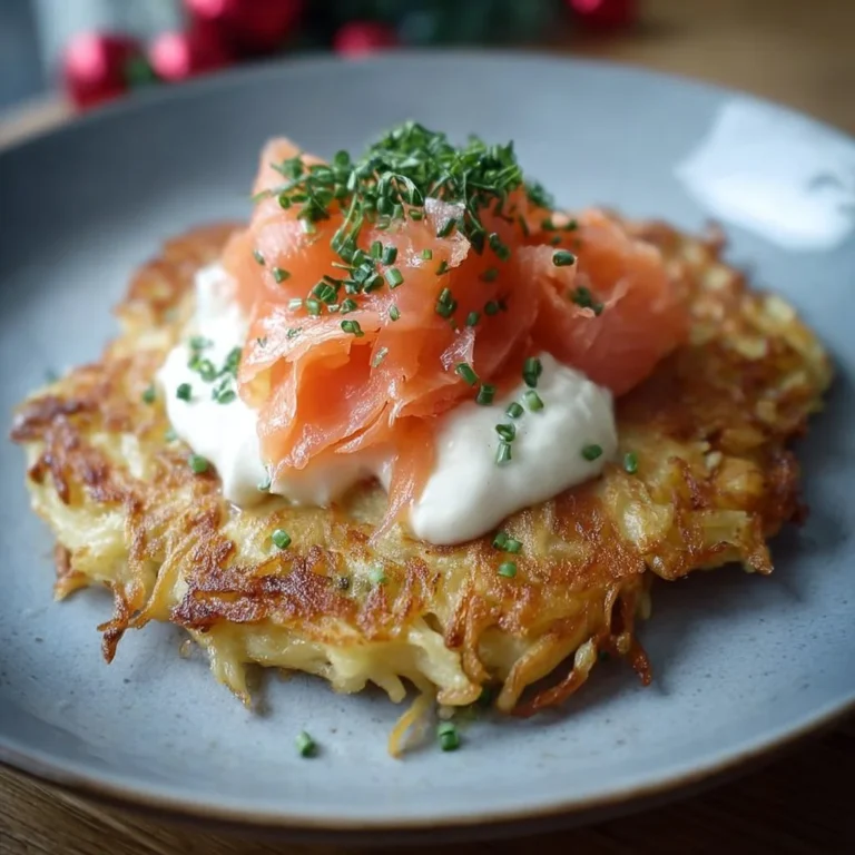 Rösti mit Frischkäse und Lachs auf einem Teller serviert