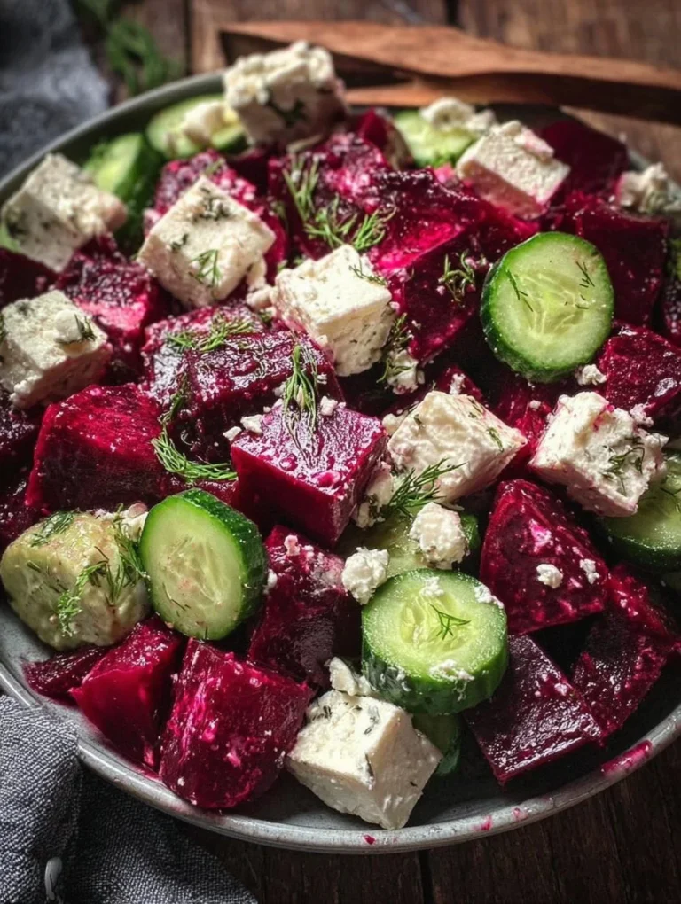 Rote-Bete-Salat mit Feta und Gurken auf einem bunten Teller.