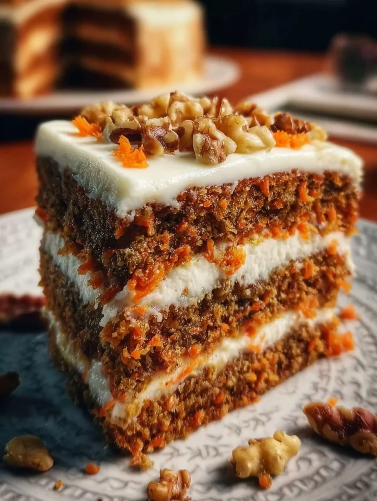 Saftiger Karottenkuchen mit Walnüssen und Frischkäse-Creme auf einem Teller