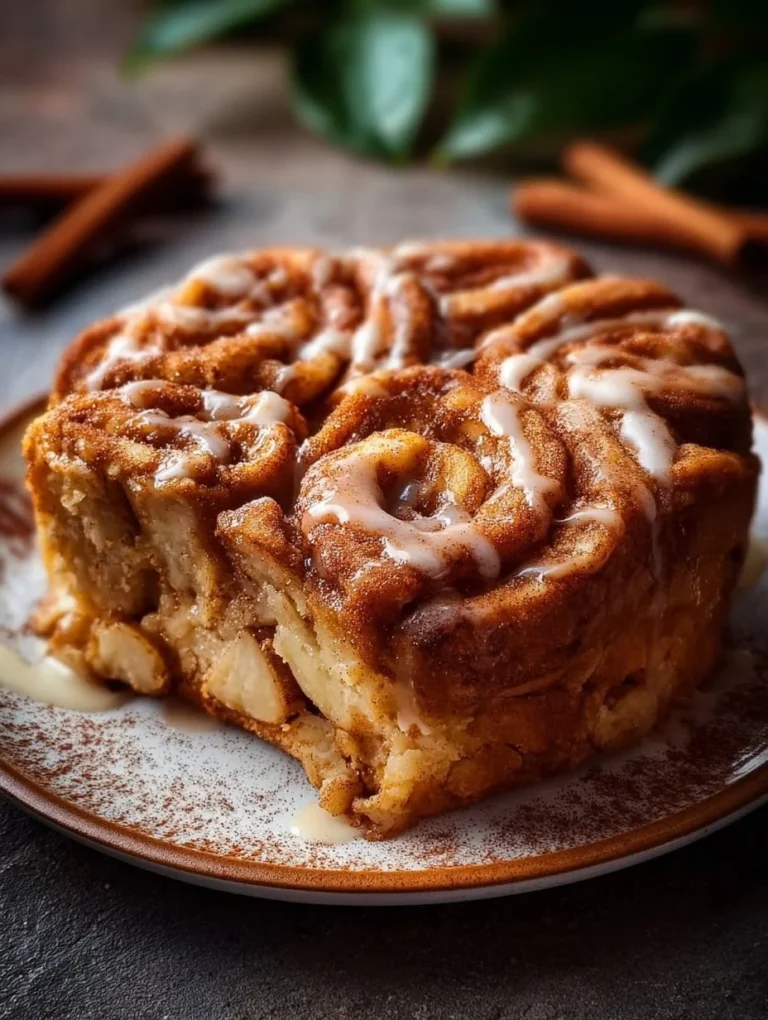 Saftiger Zimtschnecken Apfelkuchen mit Zimt und Äpfeln auf einem Teller.