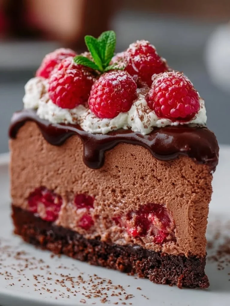 Schokoladen-Himbeer-Mousse-Torte mit frischen Himbeeren und Schokolade