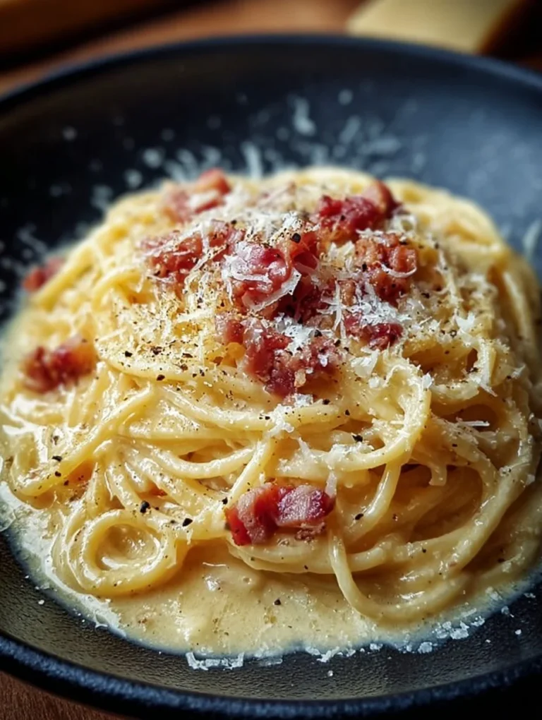 Schüssel mit Spaghetti Carbonara, einer italienischen Pasta mit Eiern, Käse und Speck.