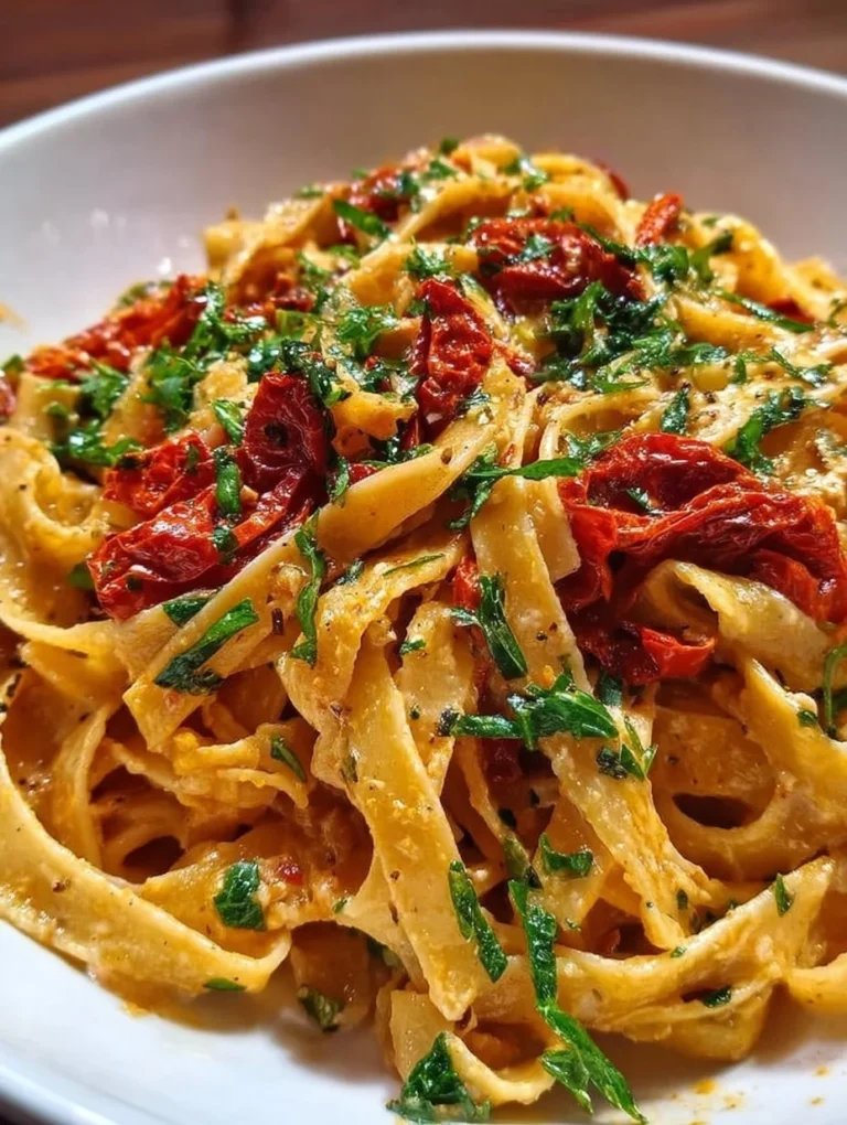 Vegane Fettuccine mit sonnengetrockneten Tomaten auf einem Teller