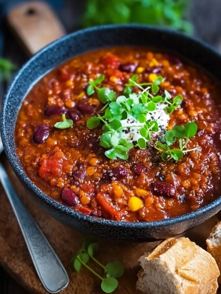 Veganes Chili ohne Fleisch in einer Schüssel serviert, mit frischen Kräutern garniert.