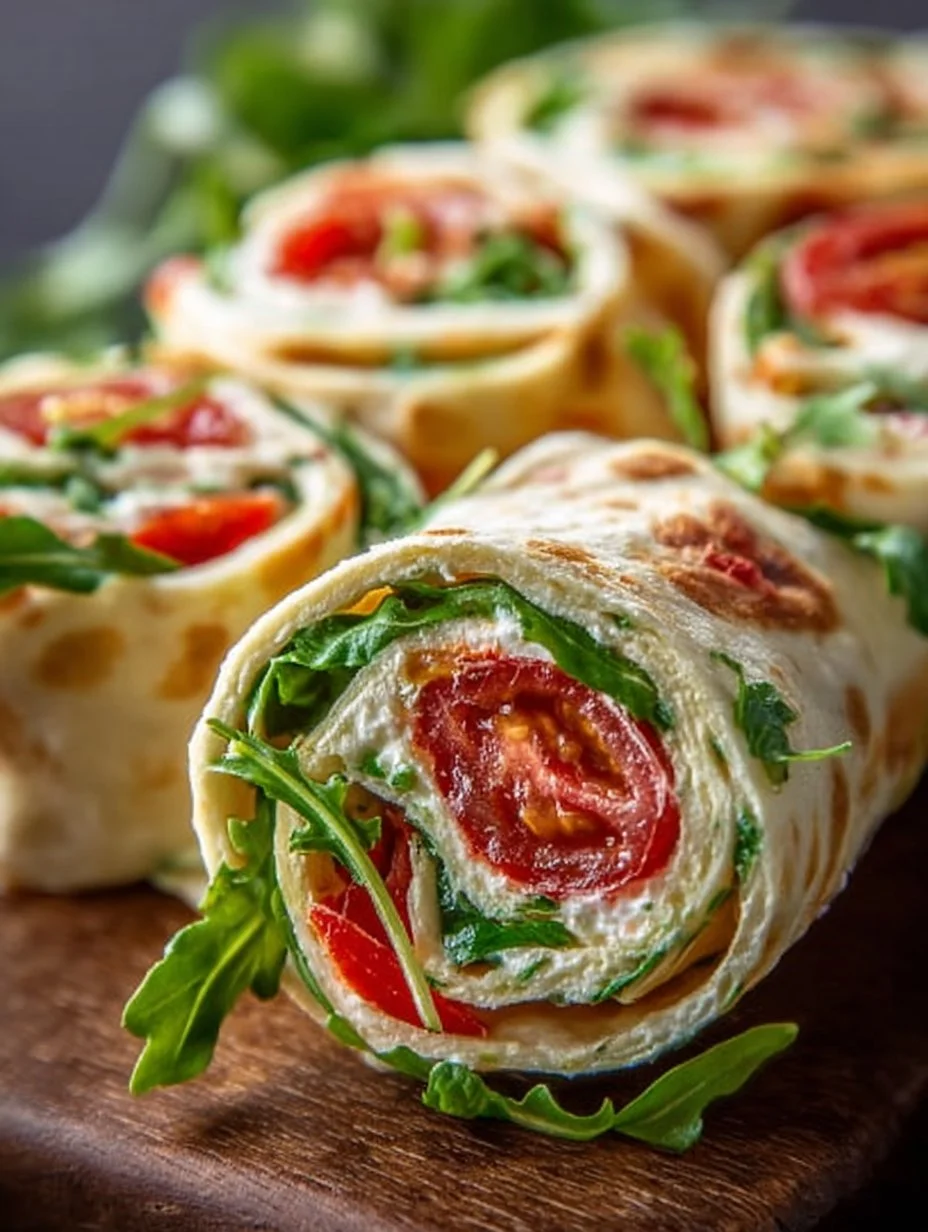 Vegetarische Wrap Röllchen mit Rucola und Tomaten