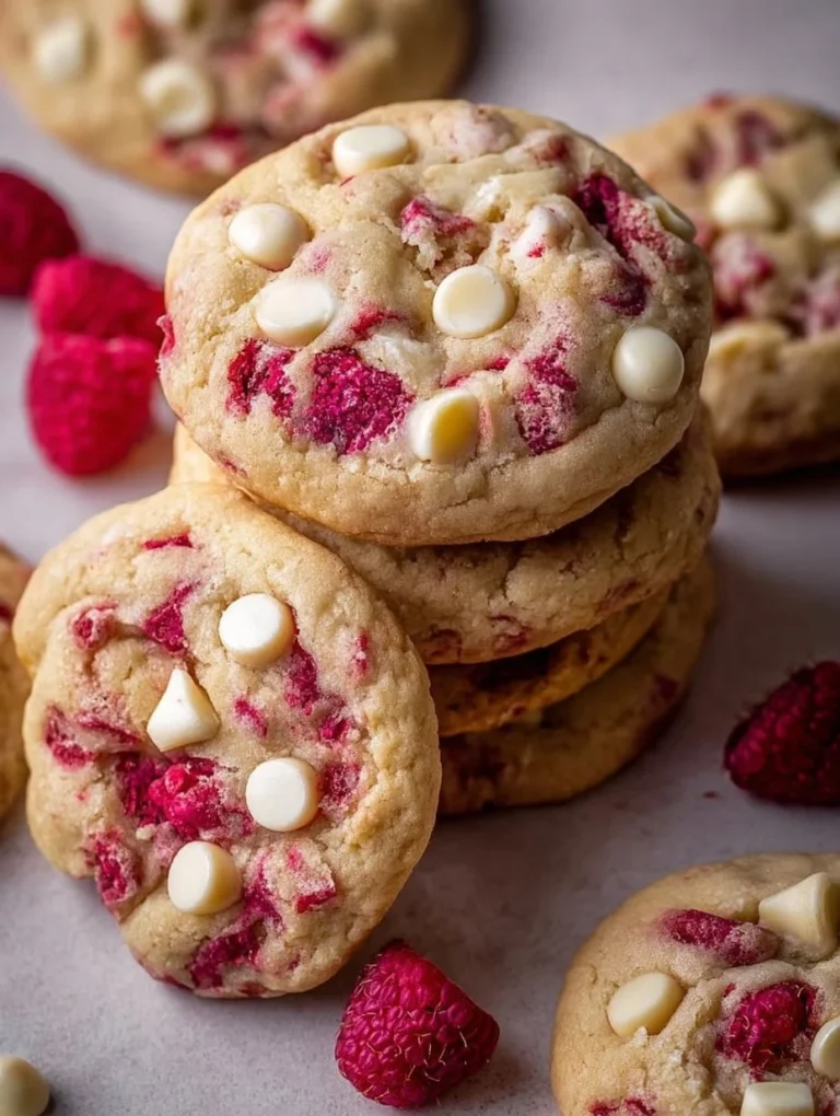 Weiße Schokoladen-Himbeer-Cookies frisch gebacken auf einem Teller
