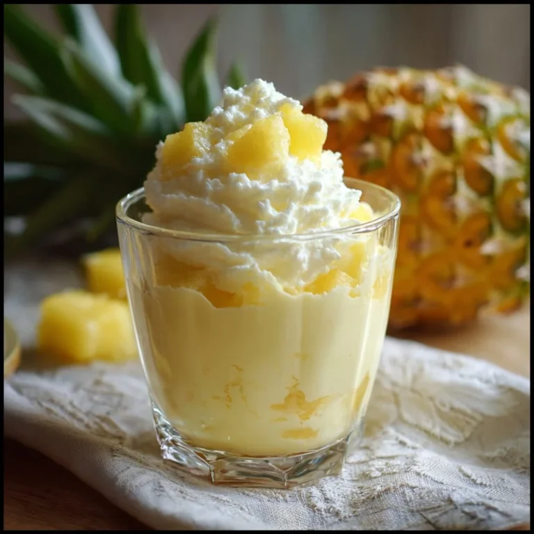 Eine Schüssel Ananascreme mit frischen Ananasstücken dekoriert.