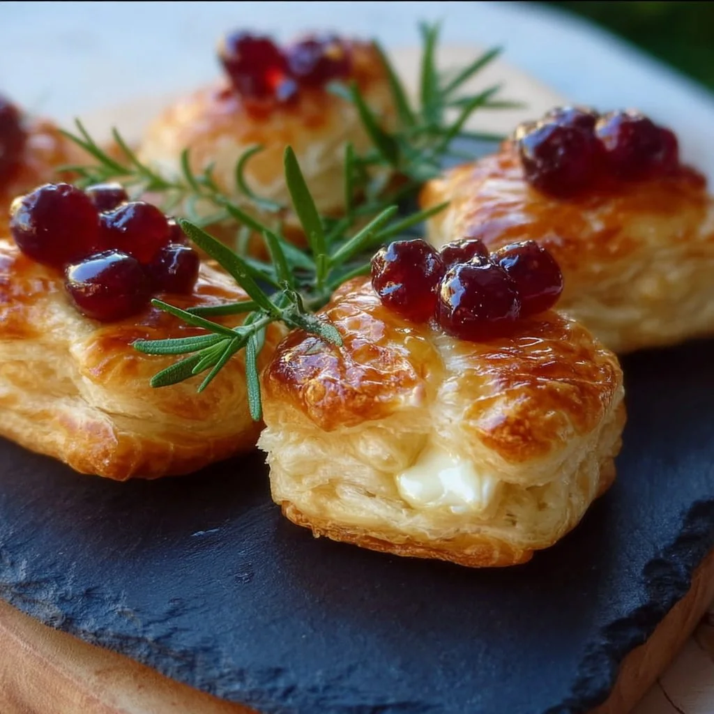 Leckere Blätterteig-Häppchen mit Camembert auf einem Teller