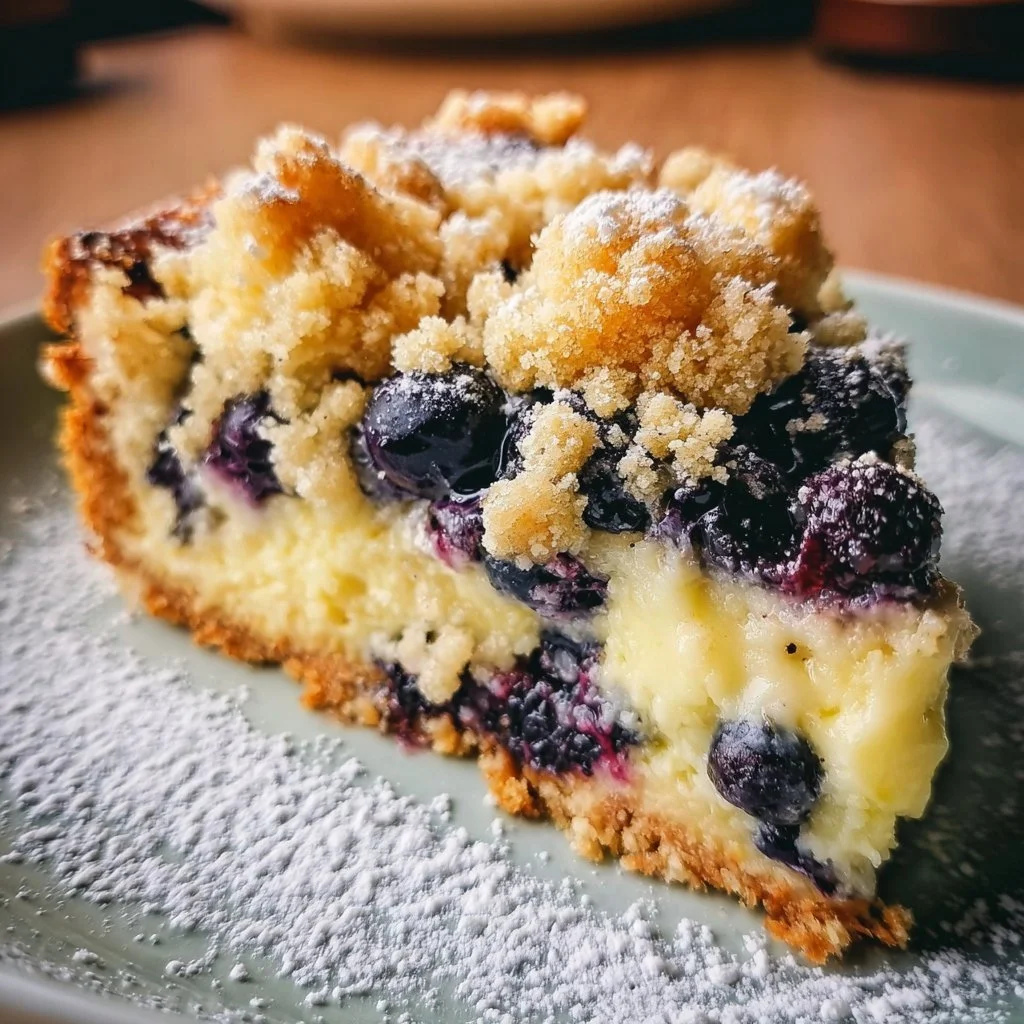 Blaubeerkuchen mit Pudding und Streuseln auf einem Teller