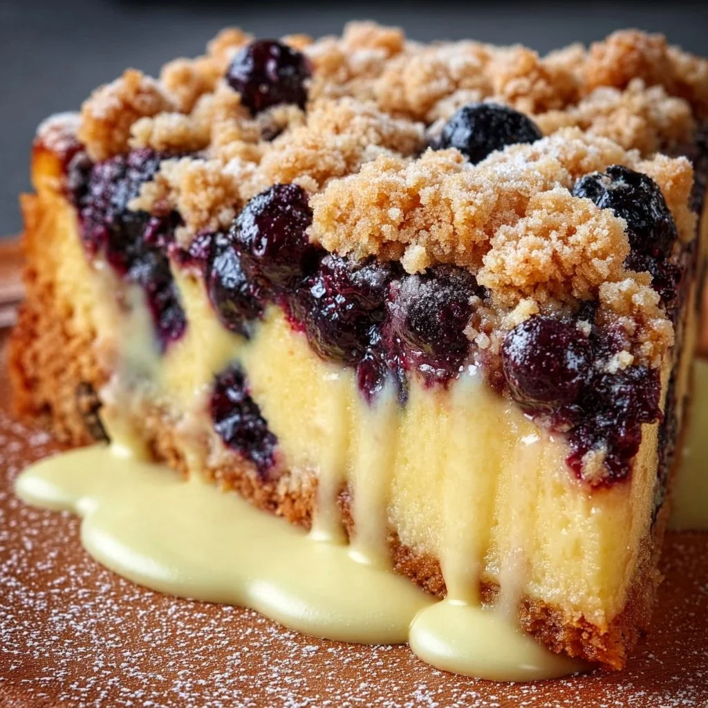 Blaubeerkuchen mit Pudding und Streusel