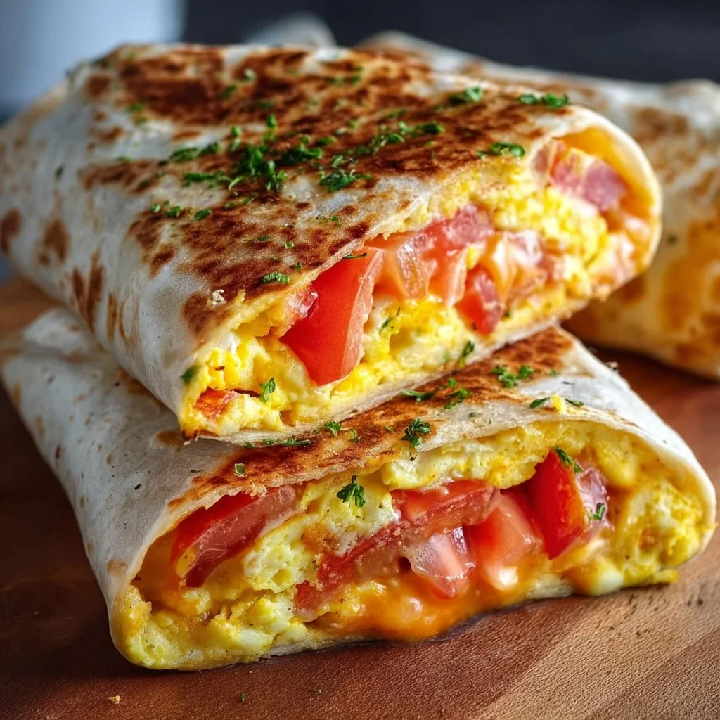 Breakfast wrap with egg, cheese & tomatoes