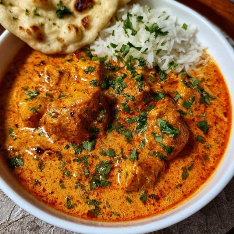 Ein Teller mit leckerem Butter Chicken in einer würzigen Soße