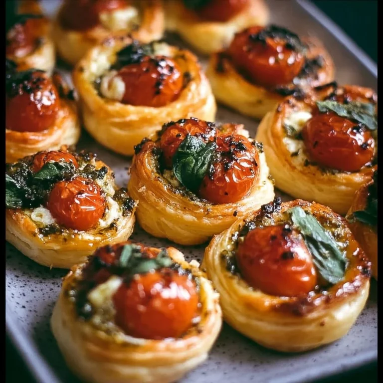 Caprese Häppchen mit Pesto in knusprigem Blätterteig auf einem Teller