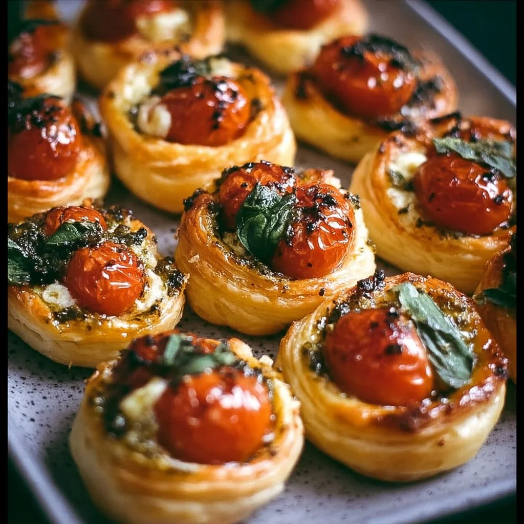 Caprese Häppchen mit Pesto in knusprigem Blätterteig auf einem Teller