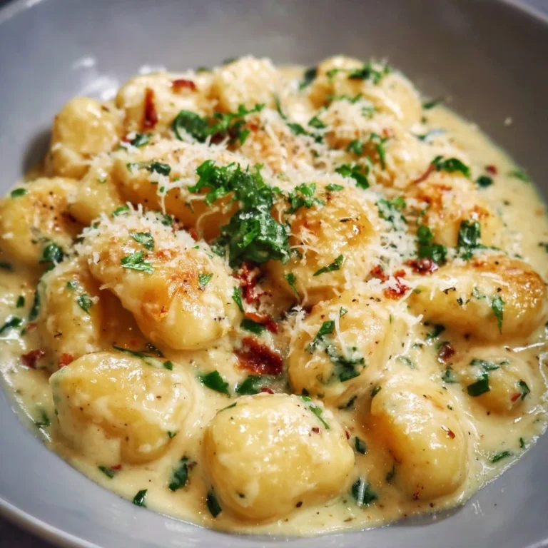 Schüssel mit cremigen Gnocchi in einer reichhaltigen Sauce