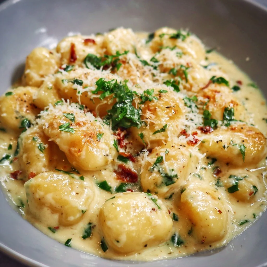 Schüssel mit cremigen Gnocchi in einer reichhaltigen Sauce