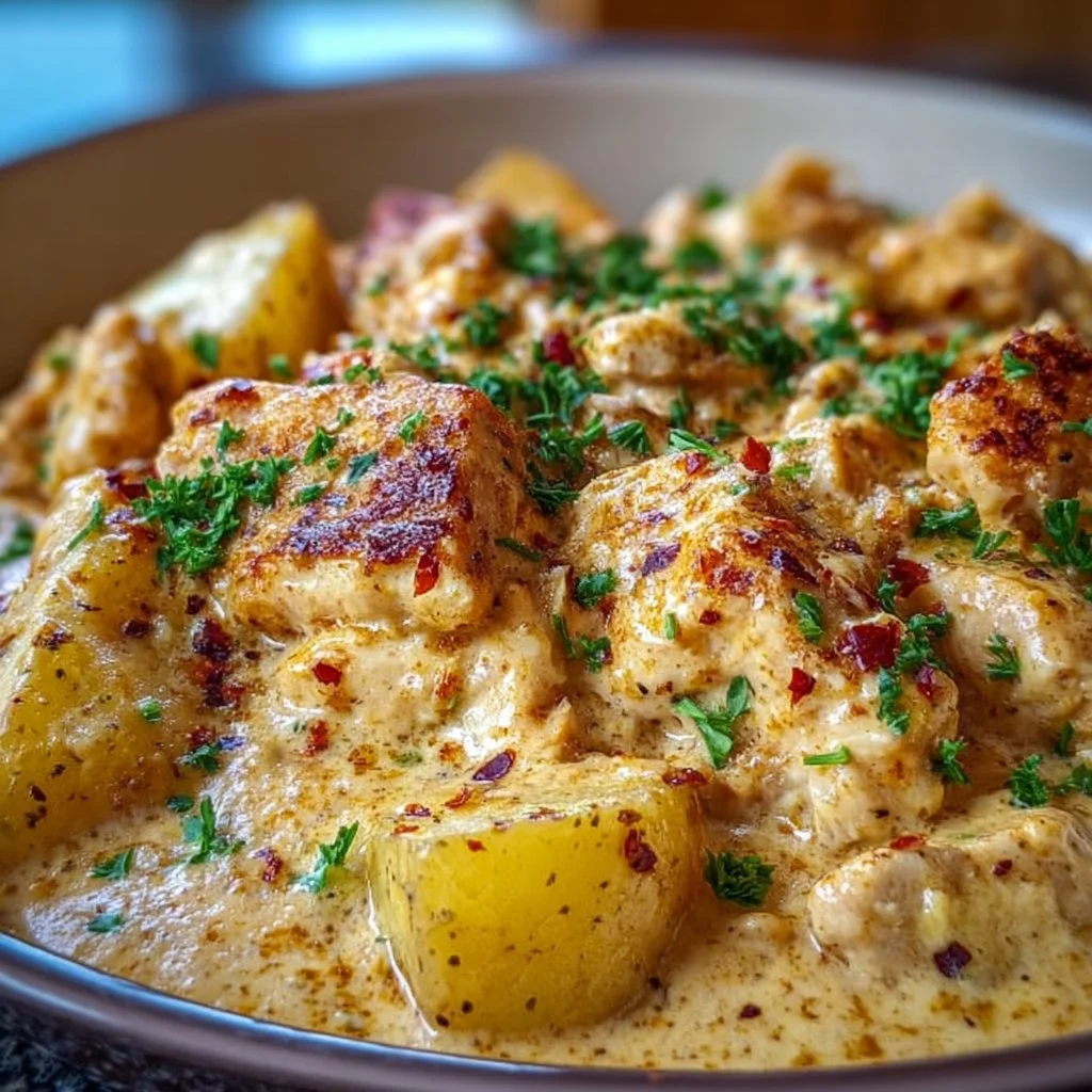 Genieße High Protein: Cremige Knoblauch-Käse Hähnchen-Kartoffeln