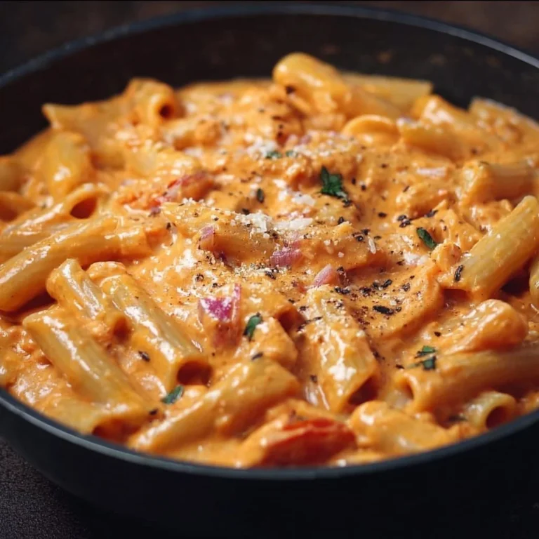 Cremige Pasta mit Tomatensoße serviert auf einem Teller